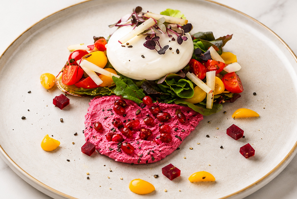 Bella Burrata mit geröstetem Brot, Hauspesto, Rote-Beete-Hummus und Salat