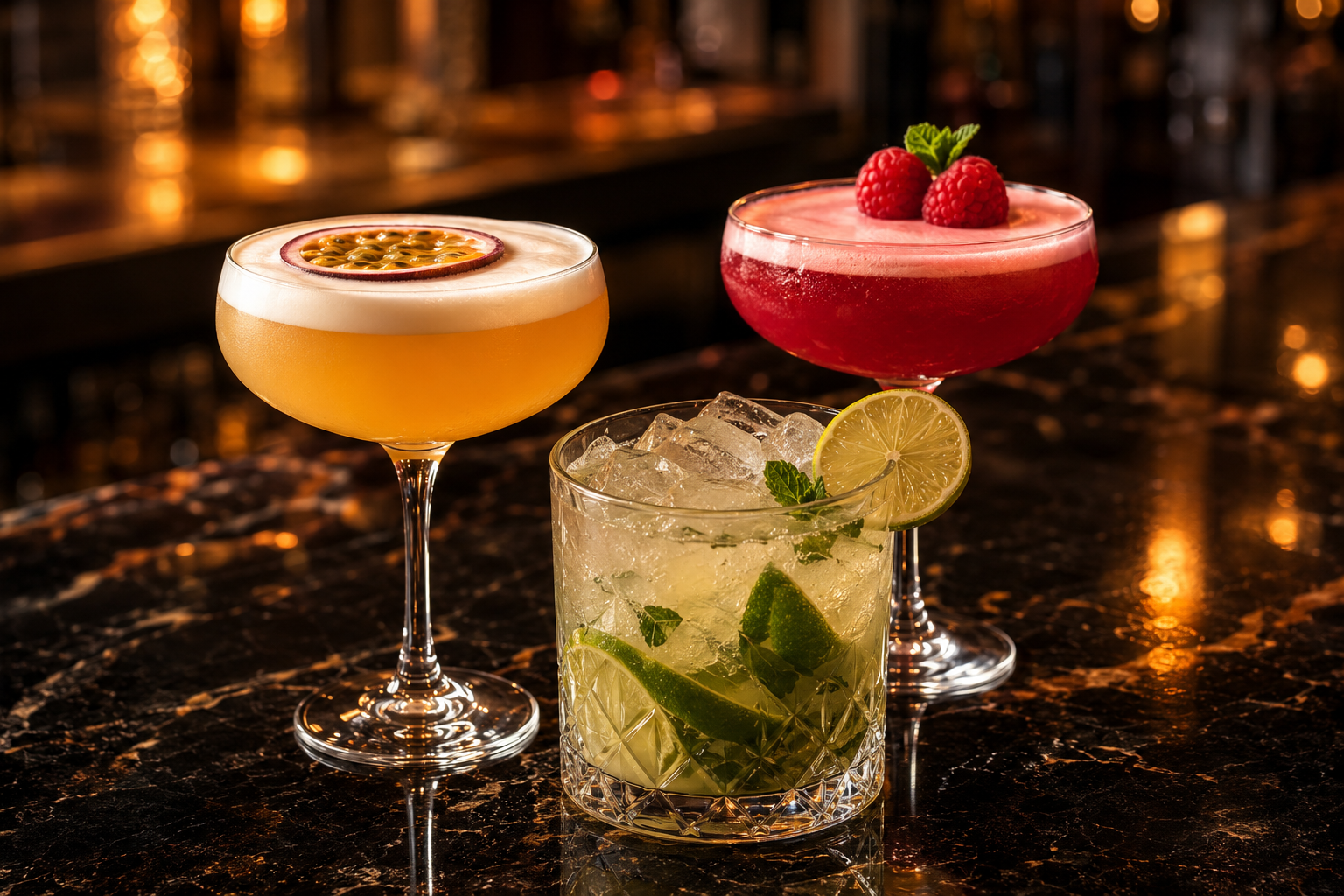 Drei ausgewählte Cocktails, darunter ein Pornstar Martini